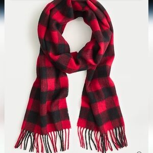 Abraham Moon for J.Crew Lambswool Scarf‎ Red Black Buffalo Check Plaid Fringe...
